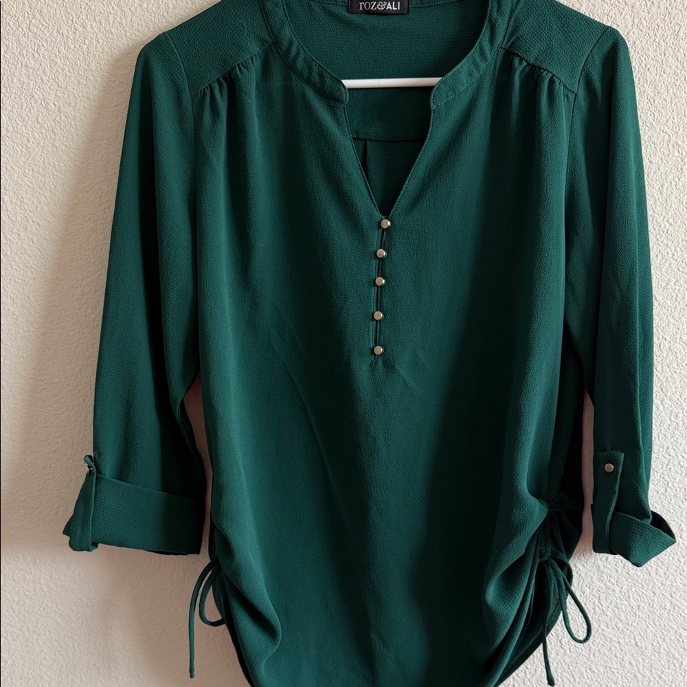 Roz & Ali Deep Green Blouse with Button Accents